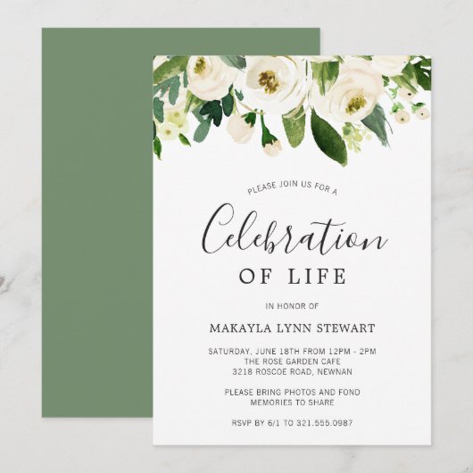 Invitation Flore verte Roses blanches Célébration de la vie (Devant / Derrière)