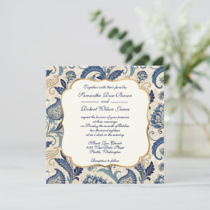 Invitation Flore vintage bleue et crème Mariage damassé