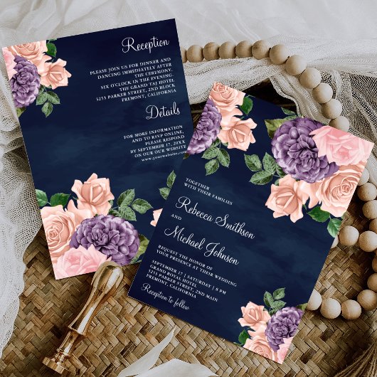 Invitation Flore violet rose vif tout en un Mariage de marine