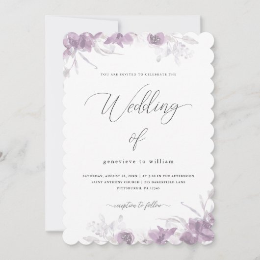 Invitation Flore violette délicate avec Mariage de calligraph (Devant)