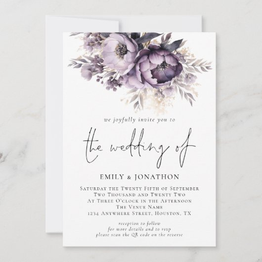 Invitation Flore violette Lilac moderne Photo Code QR Mariage (Devant)