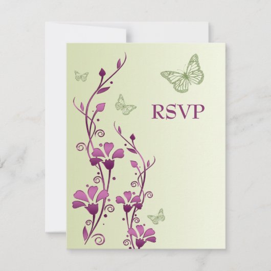 Invitation Flore violette, verte avec Papillons Répondre Card (Devant)