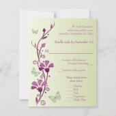 Invitation Flore violette, verte avec Papillons Répondre Card (Dos)