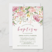 Invitation Flores aquarelles | Baptême floral rose et or (Devant)