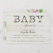 Invitation Flores blanches violettes en bois | Baby shower fi (Devant / Derrière)
