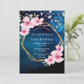 Invitation Flores bleu rose d'anniversaire étoiles géométriqu (Debout devant)