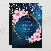 Invitation Flores bleu rose d'anniversaire étoiles géométriqu (Devant / Derrière)