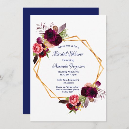 Invitation Flores bordeaux or géométrique boho nuptiale (Devant / Derrière)
