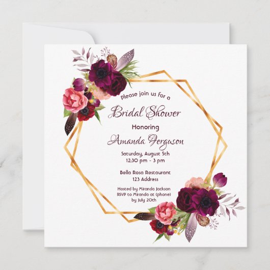 Invitation Flores bordeaux or géométrique boho nuptiale (Devant)