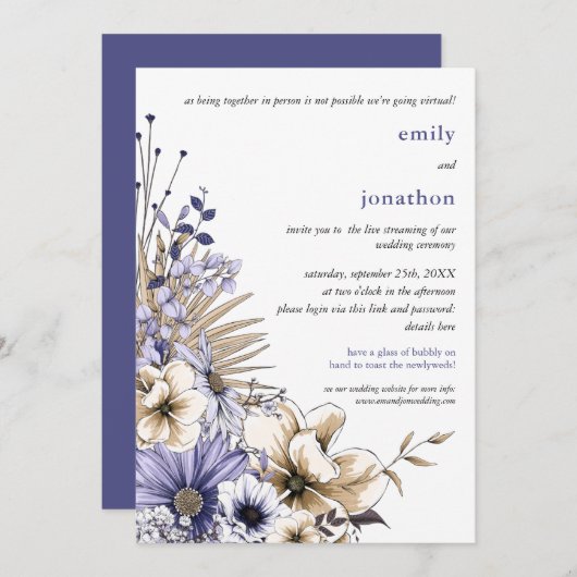 Invitation Flores d'aquarelle à crème violette Mariage virtue (Devant / Derrière)