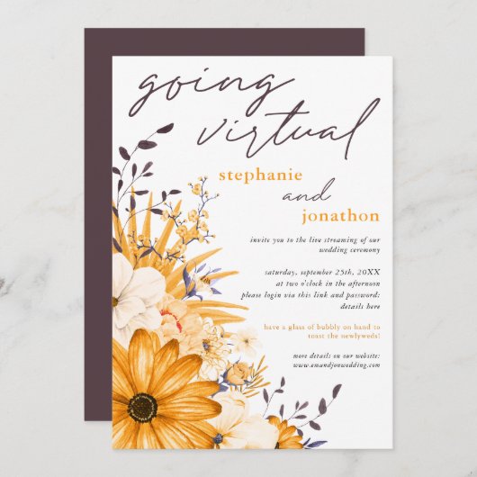 Invitation Flores d'aquarelle gris jaune Mariage virtuel (Devant / Derrière)
