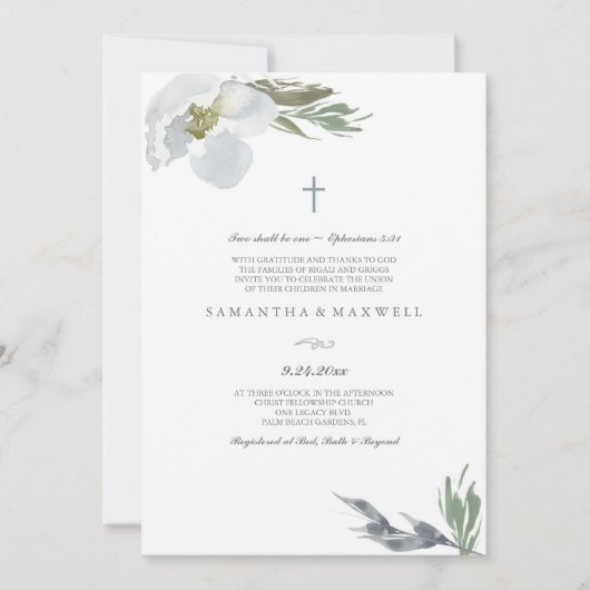 Invitation Flores d'aquarelle gris Mariage chrétien (Devant)