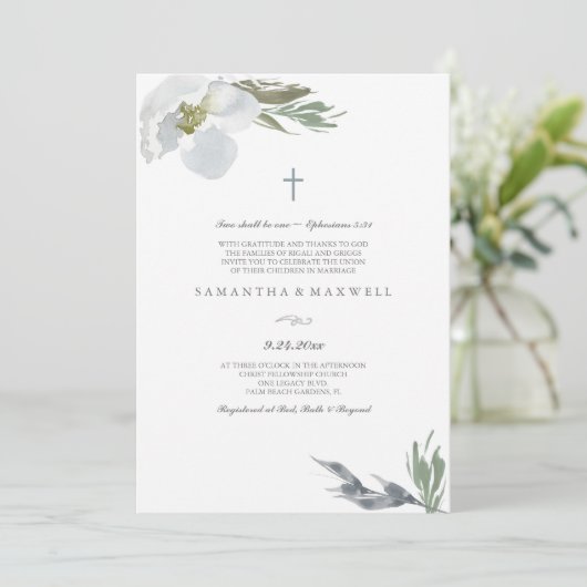 Invitation Flores d'aquarelle gris Mariage chrétien (Debout devant)