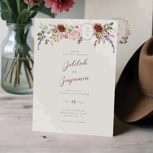 Invitation Flores d'aquarelle Mariage de la crête de monogram