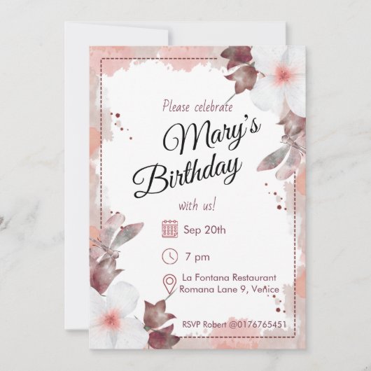Invitation Flores d'aquarelle rousse Anniversaire (Devant)