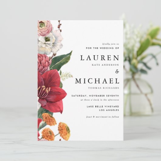 Invitation Flores d'automne avec Mariage de code QR Amaryllis (Debout devant)