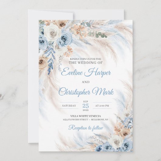 Invitation Flores de Boho bleu moderne rose pampas tropical (Devant)