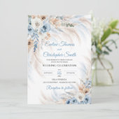 Invitation Flores de Boho bleu moderne rose pampas tropical (Debout devant)