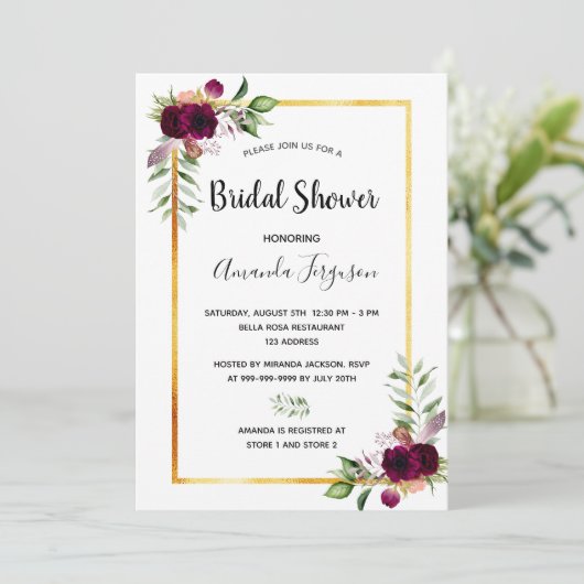 Invitation Flores de douche nuptiale boho bordeaux (Debout devant)