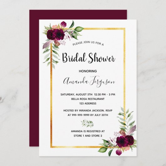 Invitation Flores de douche nuptiale boho bordeaux (Devant / Derrière)