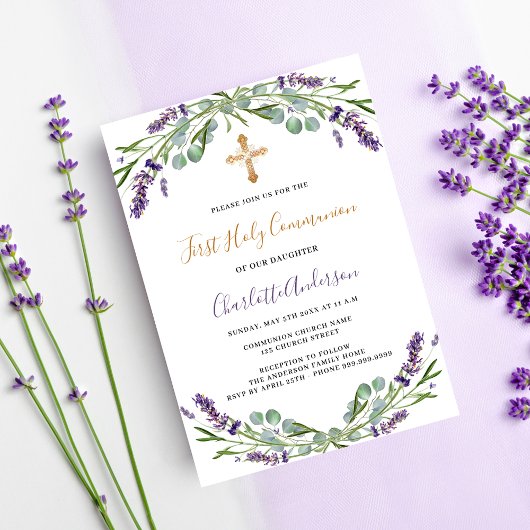Invitation Flores de violet de lavande Première communion