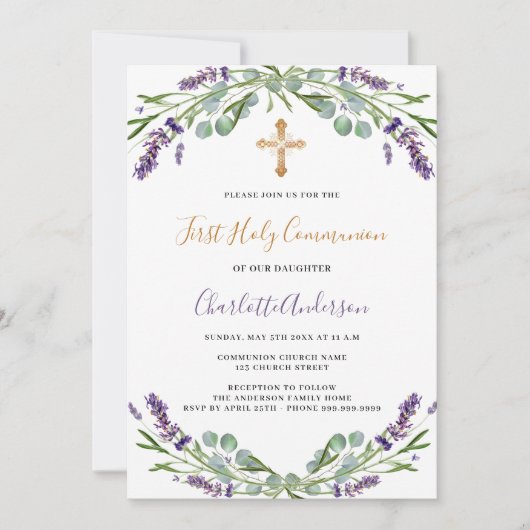 Invitation Flores de violet de lavande Première communion (Devant)