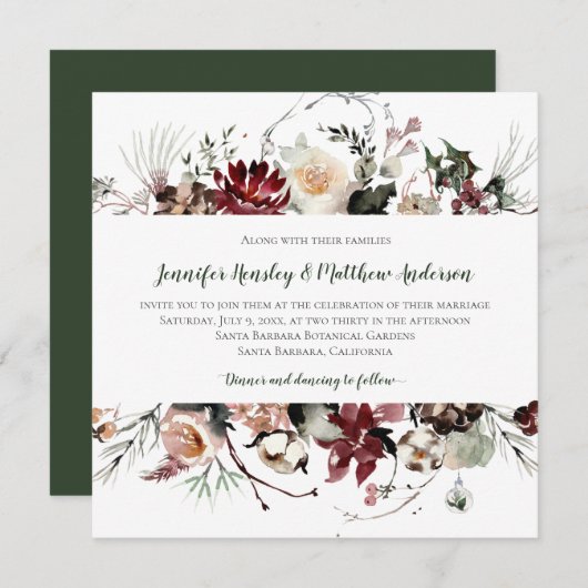 Invitation Flores d'hiver - Forêt foncée Vert Texte Mariage | (Devant / Derrière)