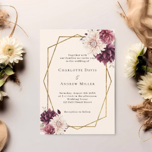 Invitation Flores d'ivoire beige bordeaux mariage géométrique