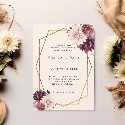 Invitation Flores d'ivoire beige bordeaux mariage géométrique