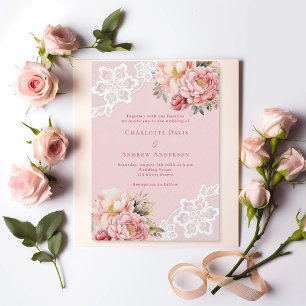 Invitation Flores d'or rose rose blanc dentelle haute mariage