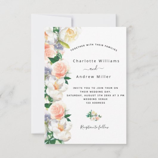 Invitation Flores d'or rose rose pâle mariage blanc (Devant)