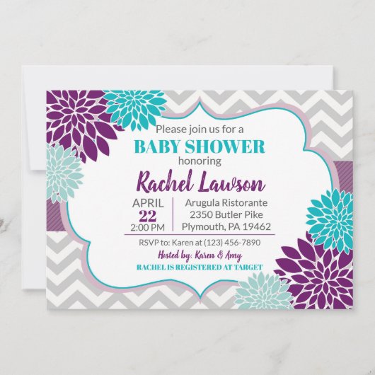 Invitation Flores pourpres et turquoise Baby shower floral (Devant)