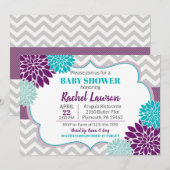 Invitation Flores pourpres et turquoise Baby shower floral (Devant / Derrière)