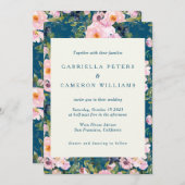 Invitation Flores romantiques vintages en Mariage bleu (Devant / Derrière)