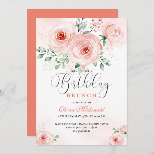 Invitation Flores rose pâle rose moderne Anniversaire (Devant / Derrière)