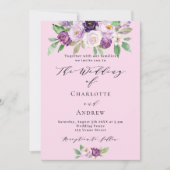 Invitation Flores rose violet QR détails code RSVP mariage (Devant)