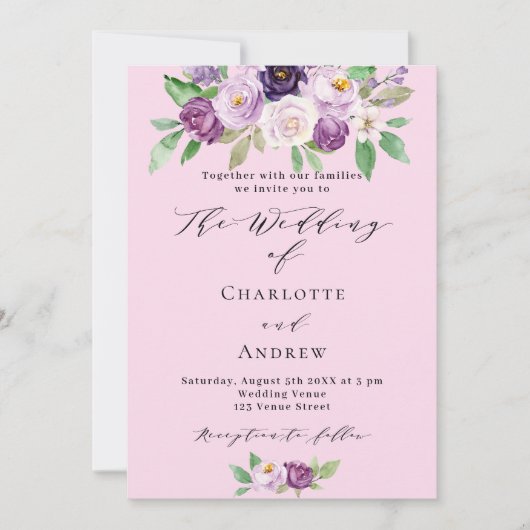 Invitation Flores rose violet QR détails code RSVP mariage (Devant)