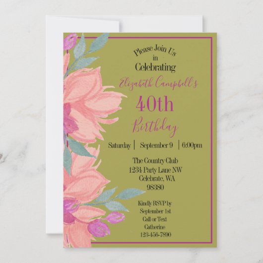 Invitation Flores roses Anniversaire personnalisé (Devant)