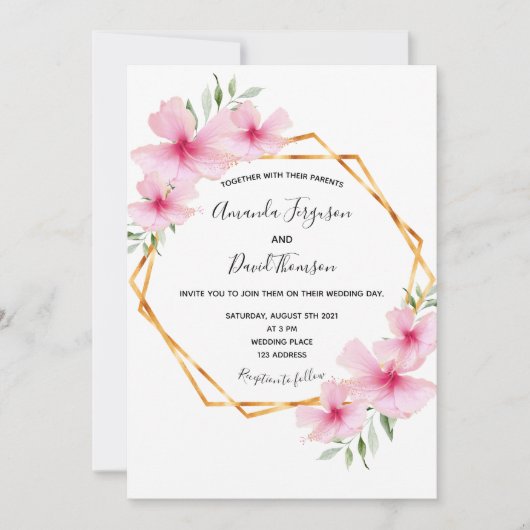 Invitation Flores roses blanc or mariage géométrique (Devant)