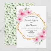 Invitation Flores roses blanc or mariage géométrique (Devant / Derrière)