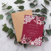 Invitation Flores roses bordeaux mariage dentelle blanche