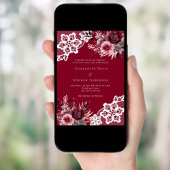 Invitation Flores roses bordeaux mariage dentelle blanche