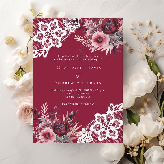 Invitation Flores roses bordeaux mariage dentelle blanche