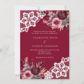 Invitation Flores roses bordeaux mariage dentelle blanche (Devant)