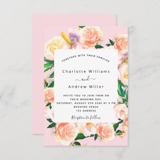 Invitation Flores roses rose mariage or (Devant / Derrière)