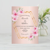 Invitation Flores roses rose or mariage géométrique (Debout devant)