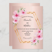 Invitation Flores roses rose or mariage géométrique (Devant / Derrière)