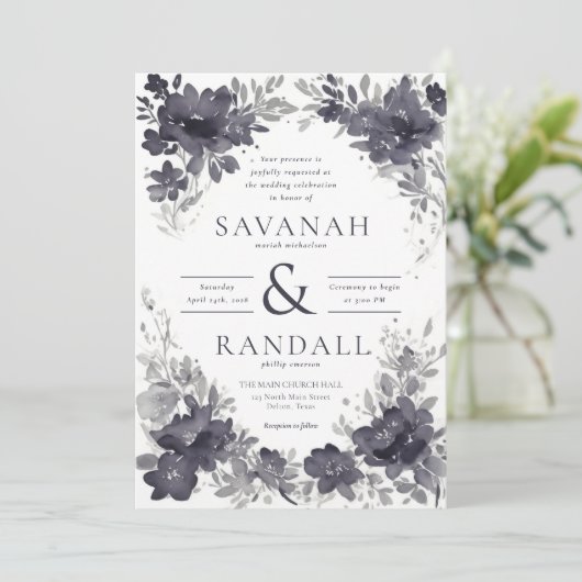 Invitation Flores saisonnières : Elégant Mariage aquarelle (Debout devant)