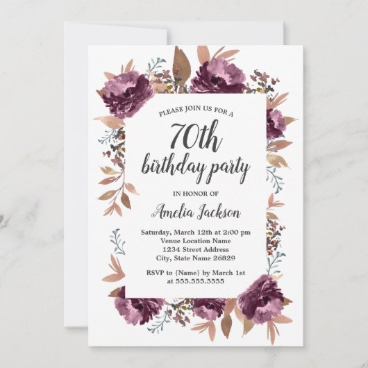 Invitation Florom Purple Aquarelle 70e anniversaire Invitatio (Devant)