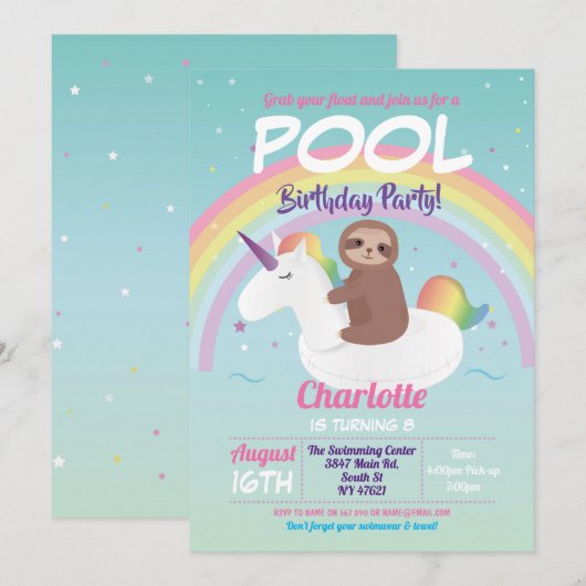 Invitation Flotte de la Sloth Rainbow Pool Party Anniversaire (Devant / Derrière)
